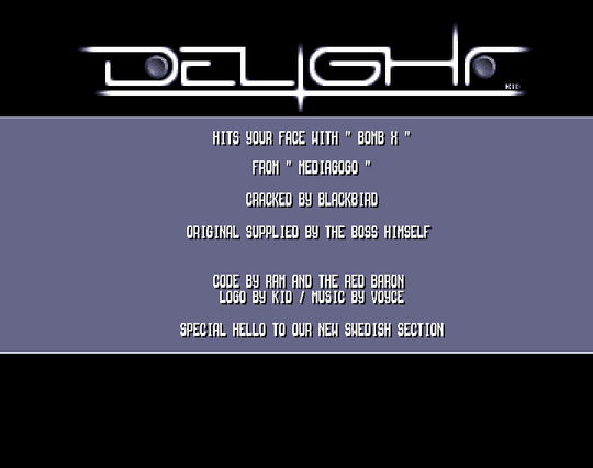 Screenshot of "Bomb'X" - Crack: Delight (DLT) - Published by Mediagogo on Commodore Amiga (1993)