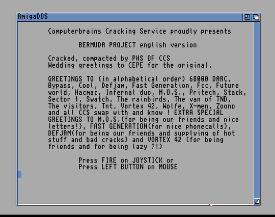 Screenshot of "Bermuda Project" - Crack: Computerbrains Cracking Service (CCS) - Published by Mirrorsoft on Commodore Amiga (1987)
