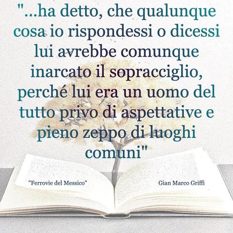 L'immagine digitale riproduce un albero fiorito che sboccia dalle pagine centrali di un libro aperto. In primo piano le scritte: "...ha detto, che qualunque cosa io rispondessi o dicessi lui avrebbe comunque inarcato il sopracciglio, perché lui era un uomo del tutto privo di aspettative e pieno zeppo di luoghi comuni", "Ferrovie del Messico Gian Marco Griffi".  