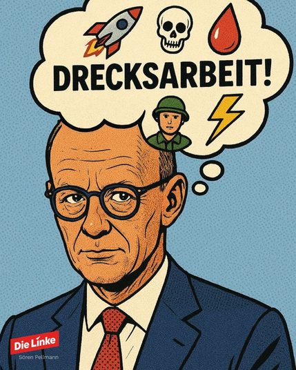 Comic-Merz mit Sprechblase: Rakete, Totenkopf, Blut, Soldat, Blitz. Teilweise KI-generiert