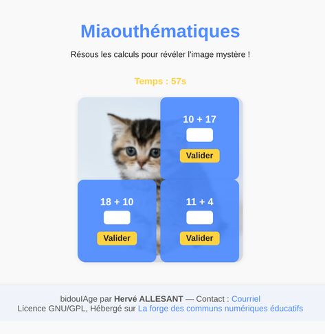 Copie d'écran de l'appli Miaouthématiques où l'on voit une image de petit chat mignon se dévoiler derrière des calculs à effectuer