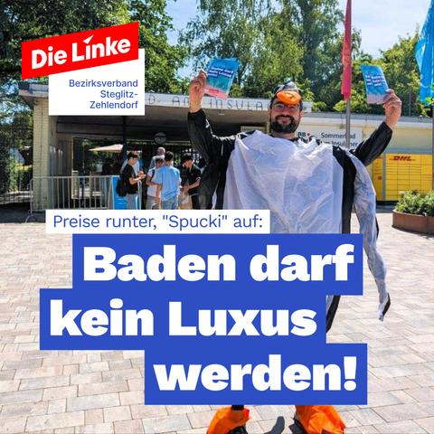 Unser Co-Bezirkversitzender verteilt im Pinguin-Kostüm Flyer vor dem Sommerbad am Insulaner