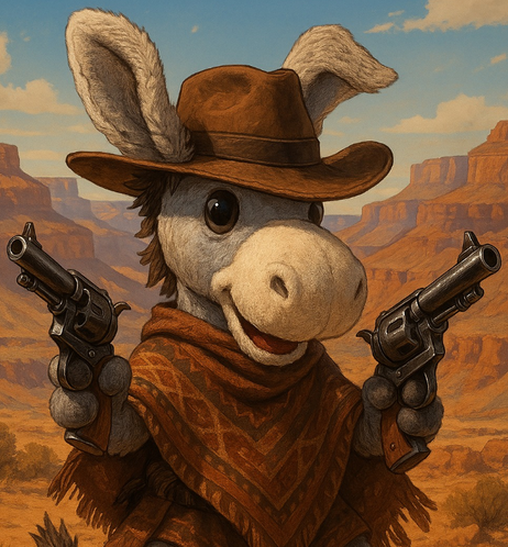 Ein KI generiertes Bild von einem zum leben erwecktem Stofftier-Esel mit einem Cowboyhut, einem Poncho und einem Revolver in jeder "Pfote".  Der Esel steht vor dem Grand Canyon und es schaut alles sehr heiß und trocken aus.