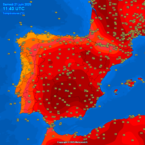 Carte des températures de la péninsule ibérique samedi 21 juin 2025, températures sous abris, allant de 18 degrés dans le nord ouest de l'Espagne, à 37 degrés ailleurs, avec un très grand nombre de températures au-dessus de 30°, à 11h40 du matin.