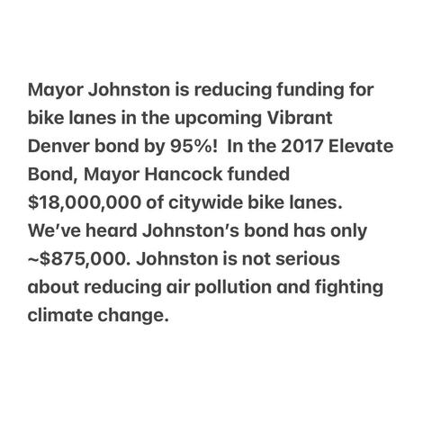 Mayor Johnston is reducing funding for
bike lanes in the upcoming Vibrant
Denver bond by 95%! In the 2017 Elevate
Bond, Mayor Hancock funded
$18,000,000 of citywide bike lanes.
We've heard Johnston's bond has only
~$875,000. Johnston is not serious
about reducing air pollution and fighting
climate change.