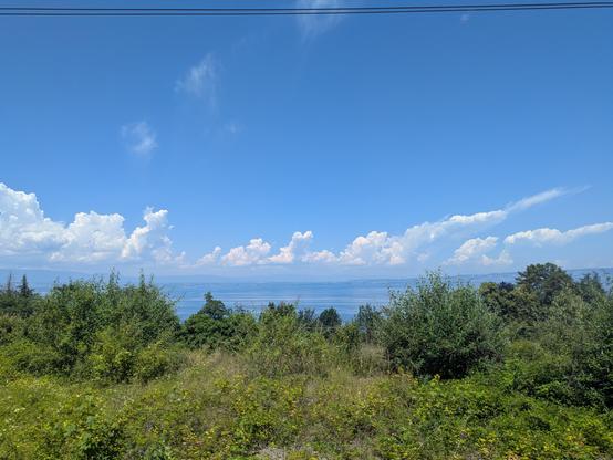 Bords de lac verdoyants sur la rive sud du Léman aux abords d'Évian. Grand ciel bleu parsemé de nuages.