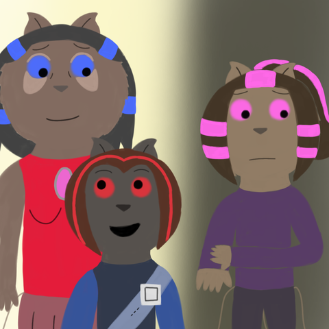 Drawing of Rose looking at Owen lovingly and Owen looks at Rose and talks to her happily while Nova is looking down sad, away from them both. Rose and Owen are in a bright light area while Nova is in the dark area, symbolizing how she feels out of place