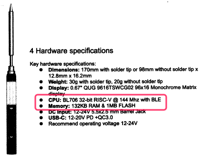 Scan of a manual page for a pencil soldering iron showing it has a 144Mhz CPU, 132KB RAM and 1MB FLASH