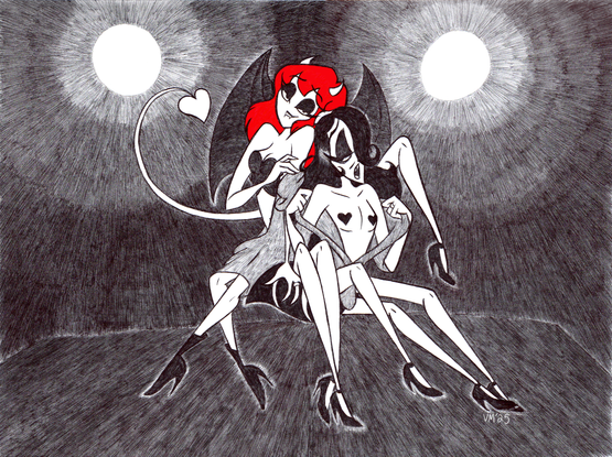 Velvet Ophelia & Johnny Long-Legs standing back to back & looking suggestively at the audience as they strip off their dresses, Ophelia wearing a bustier underneath & Johnny wearing heart-shaped pasties.