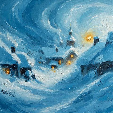 Swirling snow envelops a village illuminated by the warm glow of lights from windows. A vibrant sky contrasts with the cold, creating a serene yet dynamic winter scene.