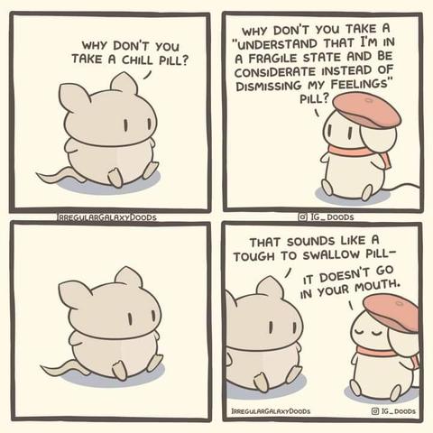 1 - little mouse says 'why don't you take a chill pill?'

2 - mouse with beret says 'why don't you take a "understand that I'm in a fragile state and be considerate instead of dismissing my feelings" pill?'

3 - little mouse stares at him

4 - little mouse says 'that sounds like a tough to swallow pill and the mouse with the beret responds 'it doesn't go in your mouth'

IRREGULARGALAXYDOODS