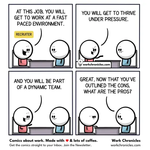 Four-panel comic strip from Work Chronicles. In the first panel, a recruiter enthusiastically says, 'At this job, you will get to work at a fast-paced environment.' In the second, they add, 'You will get to thrive under pressure.' In the third, they continue, 'And you will be part of a dynamic team.' In the final panel, the candidate, now unimpressed, replies sarcastically, 'Great, now that you’ve outlined the cons, what are the pros?
