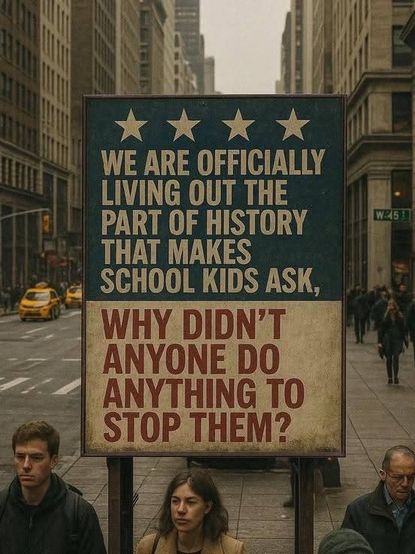 Street sign reading: "We are officially living out the part of history that makes school kids ask, Why didn't anyone do anything to stop them?"