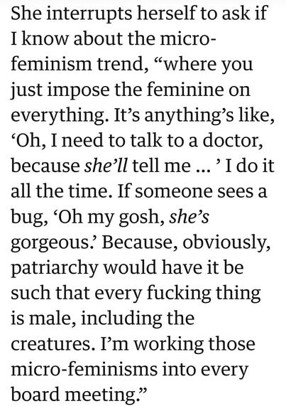 She interrupts herself to ask if I know about the micro-feminism trend, “where you just impose the feminine on everything. It’s anything’s like, ‘Oh, I need to talk to a doctor, because she’ll tell me … ’ I do it all the time. If someone sees a bug, ‘Oh my gosh, she’s gorgeous.’ Because, obviously, patriarchy would have it be such that every fucking thing is male, including the creatures. I’m working those micro-feminisms into every board meeting.”