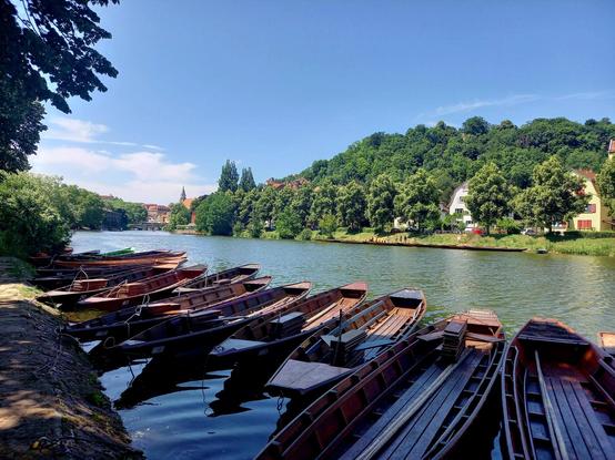 Kelkaj stangoboatoj ĉe la bordo de rivero Nekar. Videblas la malnova parto de la urbo en la fono.
