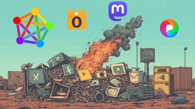 A bonfire of the icons of major social media platforms—Facebook, X, TikTok, etc. In the clear blue sky above hover icons for the Fediverse and social media platforms Mobilizon, Mastodon, and Pixelfed.