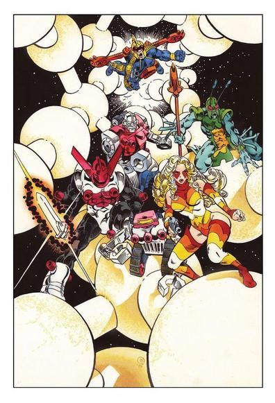 Illustration of The Micronauts by co-creator Michael Golden featuring Acroyear, Microtron, Biotron, Princess Mari, Bug, and Arcturus Rann!