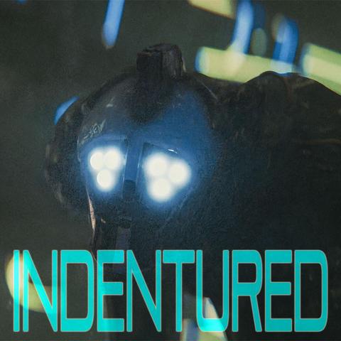An old robot in the gloom, with 3 glowing orbs where each eye should be.

"Indentured" is written on top.