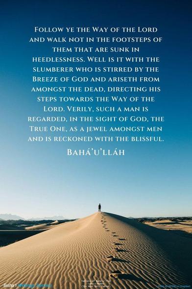 Seguid la Senda del Señor y no los pasos de aquellos que están sumidos en la negligencia.  Bienaventurado sea el adormecido al que la Brisa de Dios le sacuda y se levante de entre los muertos, dirigiendo sus pasos hacia el Sendero del Señor.

Bahá'u'lláh