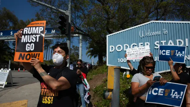 Demonstrator gather outside the Dodger Stadium to protest the presence of ICE and Border Patrol agents at the stadium parking lot, ahead of the baseball game between the Los Angeles Dodgers and San Diego Padres. Photo: Zin Chiang/picture alliance via Getty Images