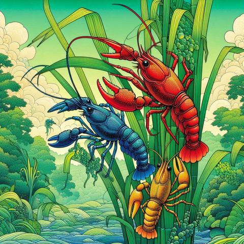 ①«Generated by BingImageCreator»
Three crayfish clinging to a rice plant, surrounded by lush greenery, in a vibrant, comical Ukiyo-e style, reminiscent of Hiroshige's dreamy landscapes, with bold lines and colors, inspired by the stained glass artistry of Dale Chihuly and the whimsy of Camille Rose Garcia.
#本日の成果物 #aiartcommunity