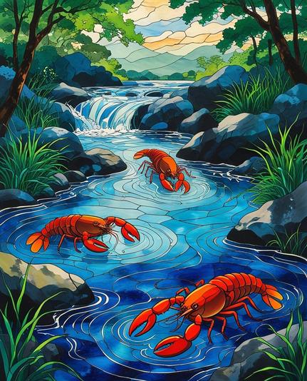 ②« Generated by LeonardoDiffusion »
(Stained Glass) A cool stream and three crayfish living in it. Painted in a dynamic, comical ukiyo-e style reminiscent of Hiroshige's dreamy landscapes, the bold lines and colors are inspired by the stained glass artistry of Dale Chihuly and the whimsy of Camille Rose Garcia.