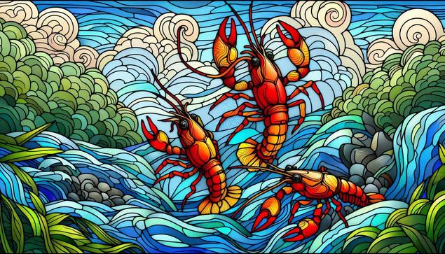 ③« Generated by MicrosoftDesigner »
(Stained Glass) A cool stream and three crayfish living in it. Painted in a dynamic, comical ukiyo-e style reminiscent of Hiroshige's dreamy landscapes, the bold lines and colors are inspired by the stained glass artistry of Dale Chihuly and the whimsy of Camille Rose Garcia.