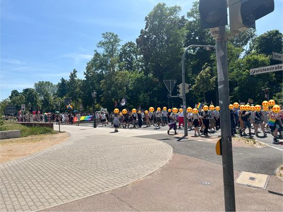Blick zurück auf den Demozug, wie er aus der Juristenstraße einbiegt. Zahlreiche Antifa- und Pride Flags sind zu sehen.