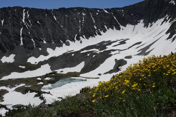 a partially iced-over lake sits in the snowy bowl formed by rugged, tall mountain peaks. In the foreground yellow potentilla flowers bloom