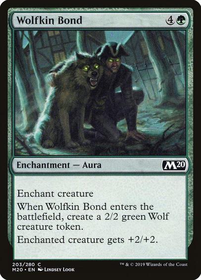 Card Name: Wolfkin Bond
Set: Core Set 2020
Description: Enchant creature
When this Aura enters, create a 2/2 green Wolf creature token.
Enchanted creature gets +2/+2.
Artist: Lindsey Look