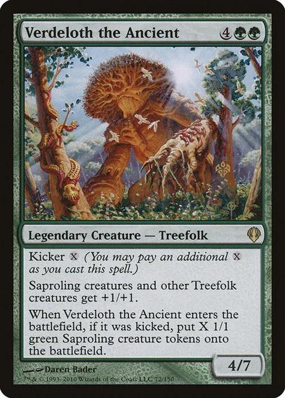 Card Name: Verdeloth the Ancient
Set: Archenemy
Description: Kicker {X} (You may pay an additional {X} as you cast this spell.)
Saproling creatures and other Treefolk creatures get +1/+1.
When Verdeloth enters, if it was kicked, create X 1/1 green Saproling creature tokens.
Artist: Daren Bader