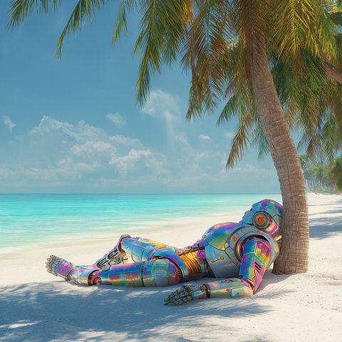 Midjourney Prompt: A rainbow-colored robot peacefully sleeping under a tall palm tree on a pristine white sand beach. The robot has a metallic body with panels in vibrant rainbow hues, lying in a relaxed position with closed eyes. The palm tree casts gentle shadows, while crystal clear turquoise water meets the white sand beach. Warm tropical sunlight bathes the scene in a golden glow. Ultra detailed, photorealistic, 8k, perfect lighting.
