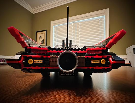 The rear end of the 1966 Lego Batmobile showing the turbine engine and the nail spreader ports