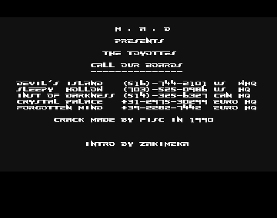Screenshot of "The Toyottes" - Crack: Mutual Assured Destruction (MAD) - Published by Infogrames on Commodore Amiga (1990)