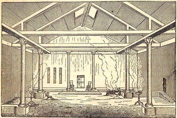 A line-drawing of a large, ancient hall with a pitched wooden roof supported by rows of columns. The hall has an open-beamed ceiling, rectangular windows on the back wall, and an altar or raised platform at the far end. Plumes of smoke rise from several large braziers spaced evenly along the sides, suggesting ritual fires or incense. The interior is empty of people but filled with a sense of sacred space and architectural order.