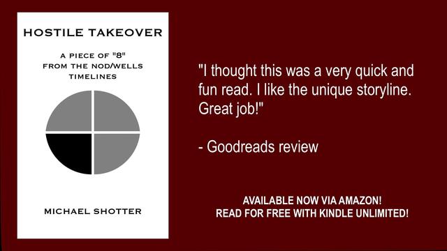 A positive Goodreads review for Michael Shotter's story "Hostile Takeover"