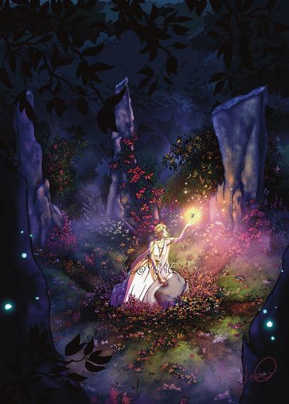 Dessin numérique représentant une jeune sorcière assise au centre d'un cercle de pierres dressées et qui salue un papillon phosphorescent. La nature y est omniprésente et florissante.