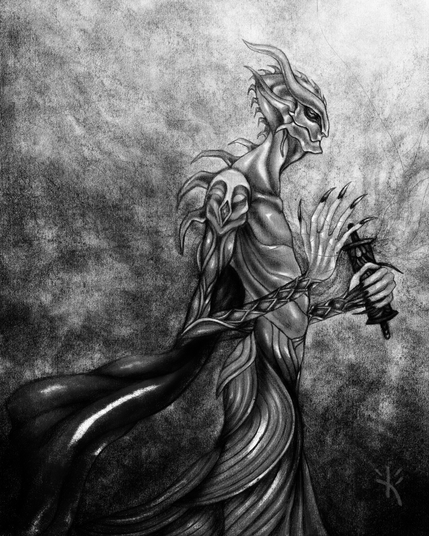 black and white mixed media drawing of a celestial alchemist alien by Kmac.