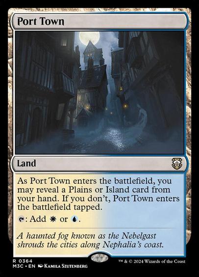 Card Name: Port Town
Set: Modern Horizons 3 Commander
Description: As this land enters, you may reveal a Plains or Island card from your hand. If you don't, this land enters tapped.
{T}: Add {W} or {U}.
Artist: Kamila Szutenberg