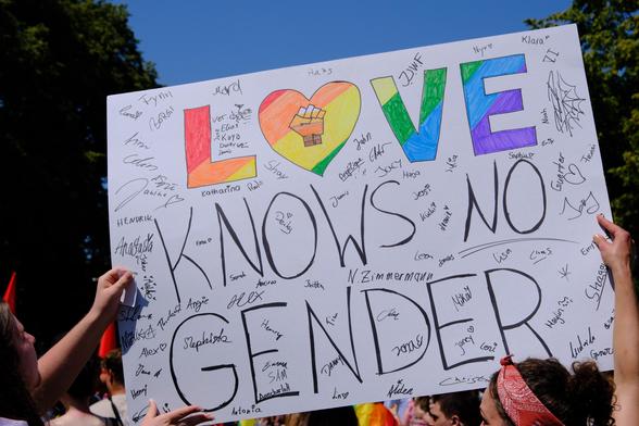 Das Photo zeigt ein hochgehaltenes Schild zweier Teilnehmerinnen auf dem CSD. Es enthält ein bunt geschriebenes LOVE, hierunter KNOWS NO GENDER. Der Hintergrund enthält eine Vielzahl von handgeschriebenen Vornamen.