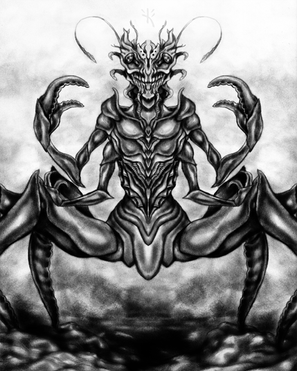 Black and white mixed media drawing of an alien crustacean-like monster by Kmac.