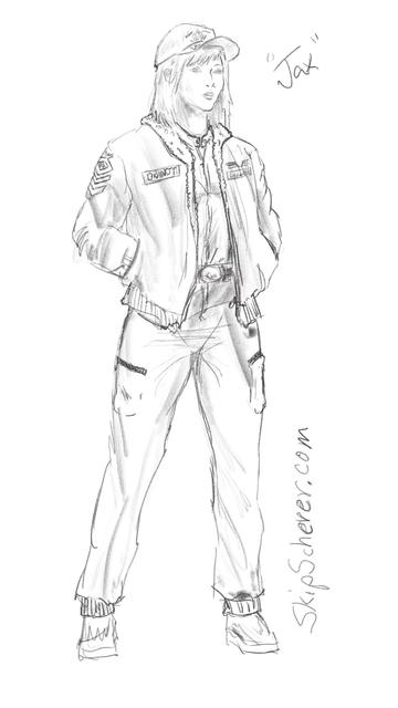 
Sketch of a young woman,  Harumi "Jax" Brandt, with short hair, wearing a bomber jacket with futuristic military insignia. She looks confident and ready for action. Main character from science fiction novels by Skip Scherer. 
