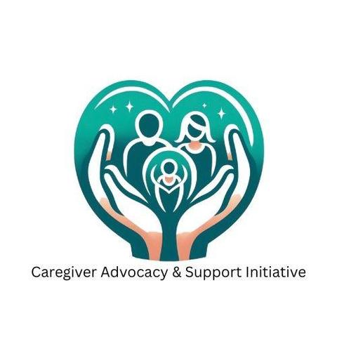 A logo featuring two cupped hands forming the base of a teal-colored heart. Inside the heart are white silhouettes of a family: an adult male and female standing side-by-side, and a smaller child figure nestled in the hands at the center. The text "Caregiver Advocacy & Support Initiative" is below the graphic.