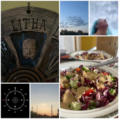 Collage of images including a salad, compass reading, person, wheel of the year showing Litha, and skies. 