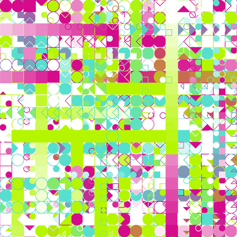 This generative artwork features a grid-like structure with a vibrant mix of geometric shapes. It includes overlapping circles, squares, and triangles in shades of green, pink, purple, and blue, creating a dynamic and colorful pattern.