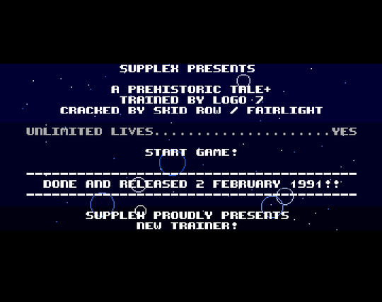Screenshot of "A Prehistoric Tale" - Trainer (+1): Supplex - Published by Thalion on Commodore Amiga (1990)