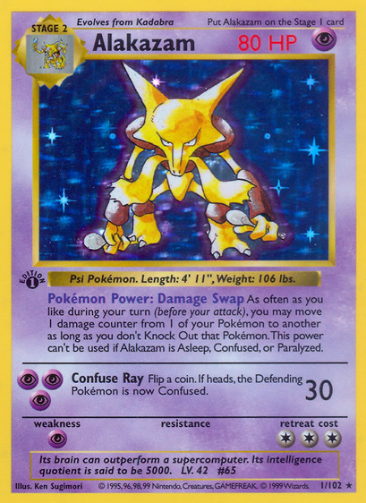 Alakazam (Base) released 1999/01/09. Illustrated by Ken Sugimori.