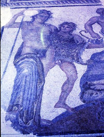 Mosaic of Dionysos holding a thyrsos staff and leaning on a man dressed in nothing but a leopard skin, most likely his boyfriend Ampelus.