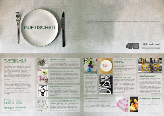 Einladungskarte für das Kunstprojekt AUFTISCHEN mit kurzer Beschreibung der einzelnen Arbeiten 