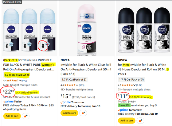 Photos of prices of bulk deodorant of the same brand (Nivea). They are the same type of product (roll-in liquid, no stains on black/white clothing) and amount of product, but the womens verson is twice the price.